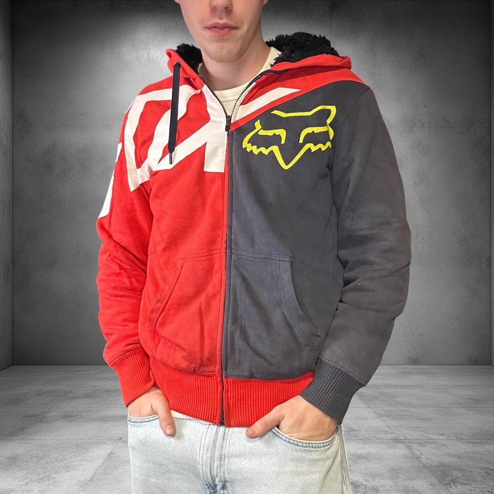 Fox Racing Sasquatch Hoodie Mens Small Red Black Split Zip Up Faux Fur Lined Y2K